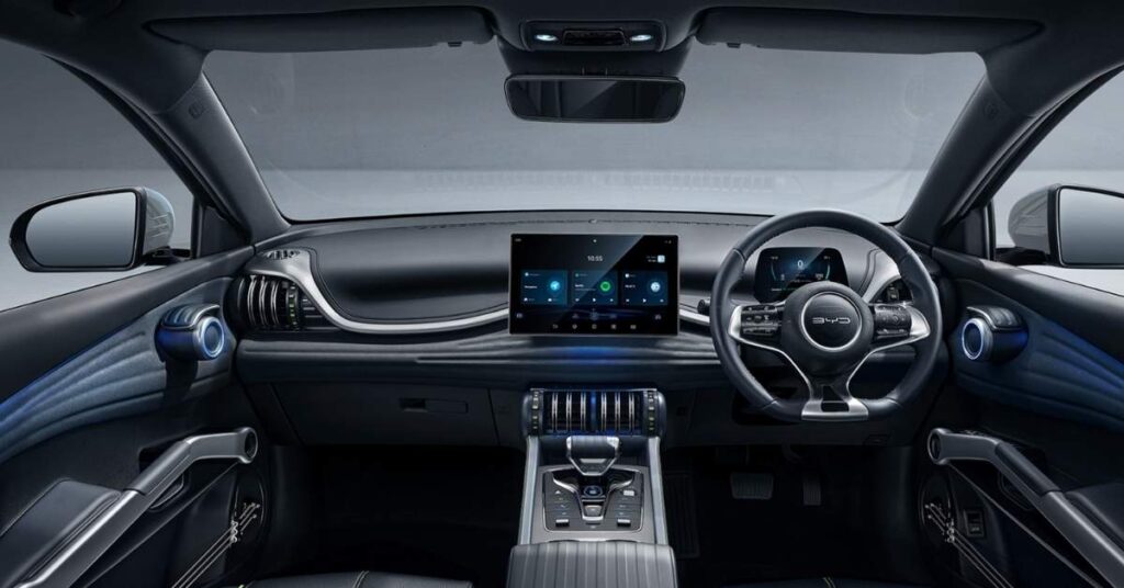 BYD ATTO 3 showcased in a studio, representing BYD's advanced battery and driver-assist technology